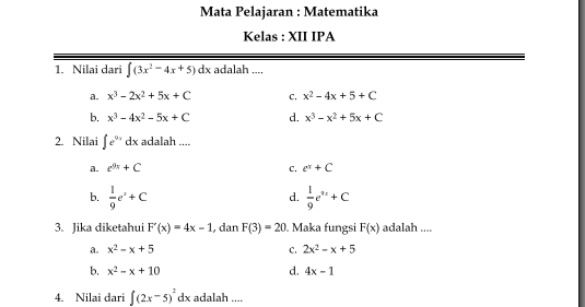 Soal Ujian Semester Ganjil Kelas Xii Ipa Pelajaran Matematika Blog Matematika