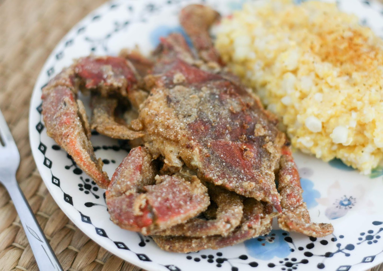 Cornmeal Battered Soft Crabs with Old Bay Corn Grits Coconut & Lime