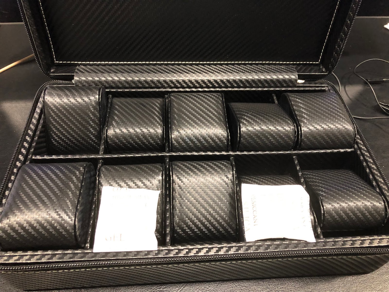 TIMELYBUYS 24 Slot Watch Briefcase Black Carbon Fiber Zippered Travel Storage Case