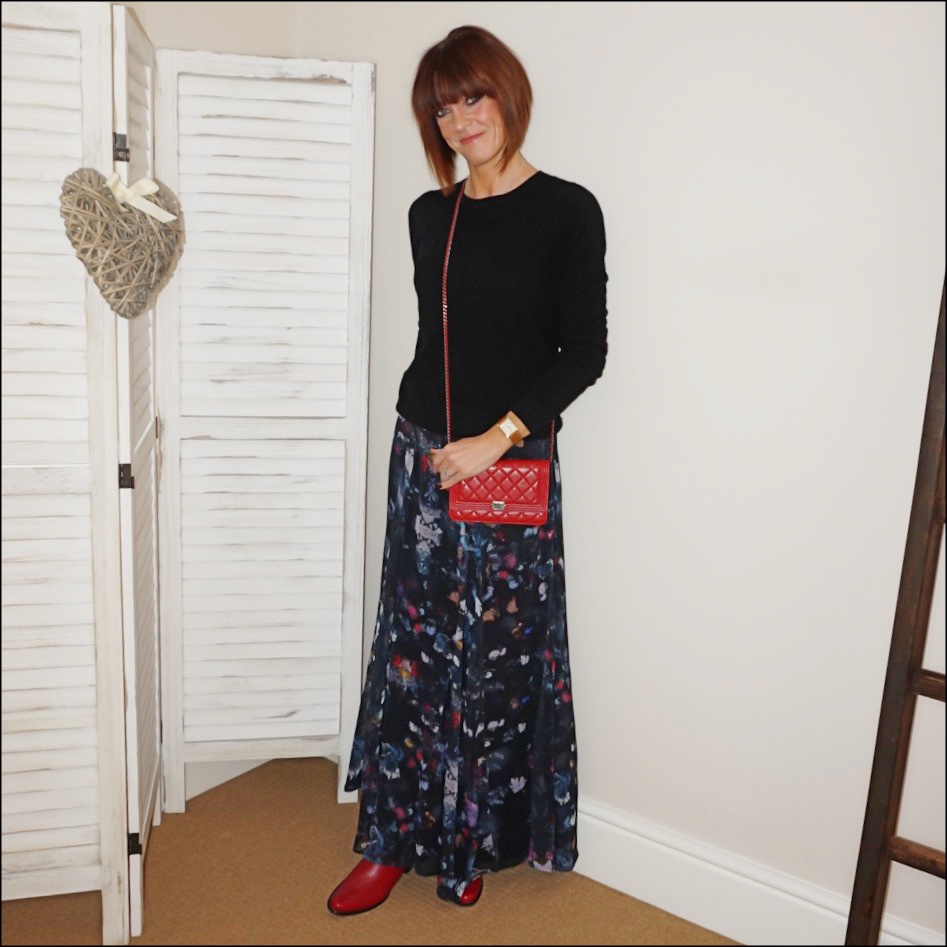 my midlife fashion, boden cashmere crew neck jumper, chanel wallet on chain, lily and lionel maxi skirt, jones bootmaker harriet leather ankle boots
