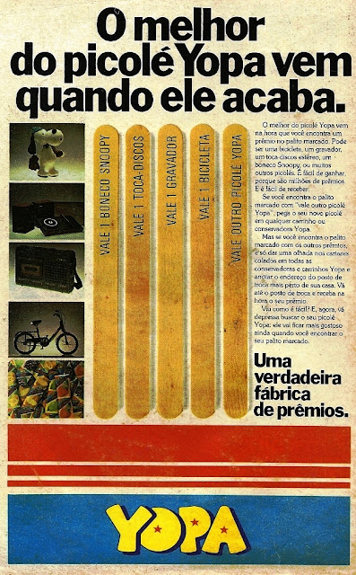 Propaganda do Picolé Yopa (palitos premiados) em 1980