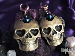 Brass and Blue Haematite Heart Skull Saddle Ear Weights / Hangies