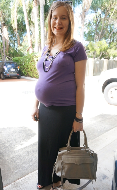 Away From The Blue | Purple tee black jersey maxi skirt second trimester pregnancy outfit