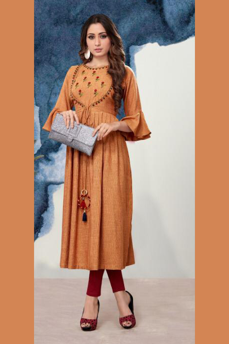 9455 Wholesale Party Indian Wear Embroidered Rayon Bell Sleeves Kurti