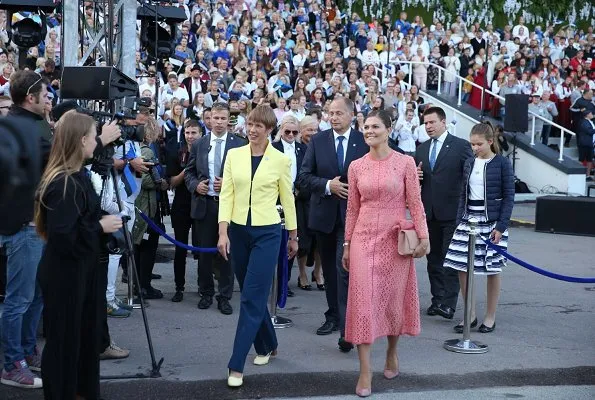 Crown Princess Victoria wore ELIE SAAB Guipure Lace Dress. Estonia's President Kersti Kaljulaid and her husband Georgi-Rene Maksimovski