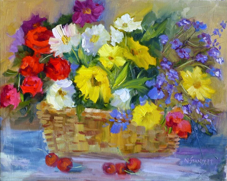 Nancy Standlee Fine Art Basket of Blooms, Floral Oil Painting from the