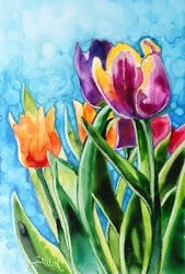 yupo paper tulips watercolor painting village tonight