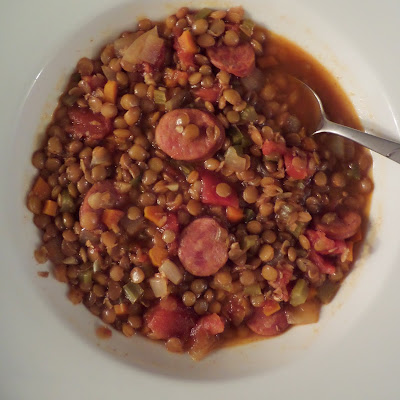 Lentil Soup:  A bold and spicy soup with hot Portuguese sausage and healthy lentils.