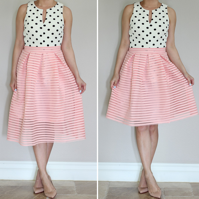 Chicwish glam stripes cutout midi skirt in peach polka dot peplum nude pigalle pumps