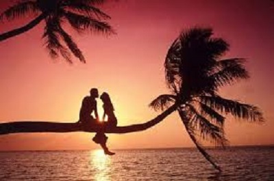 pareja sobre una palmera en puesta de sol, 
