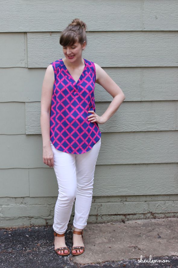 neon print top with white denim for summer | www.shealennon.com