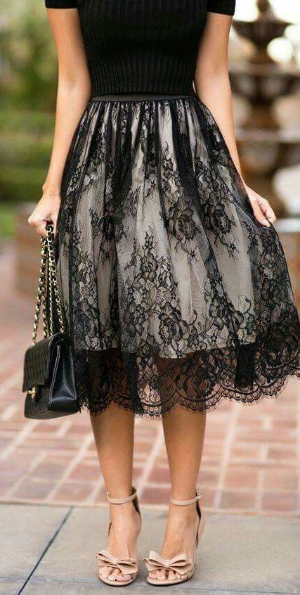 fashion trends / black top + bag + lace midi skirt + heels