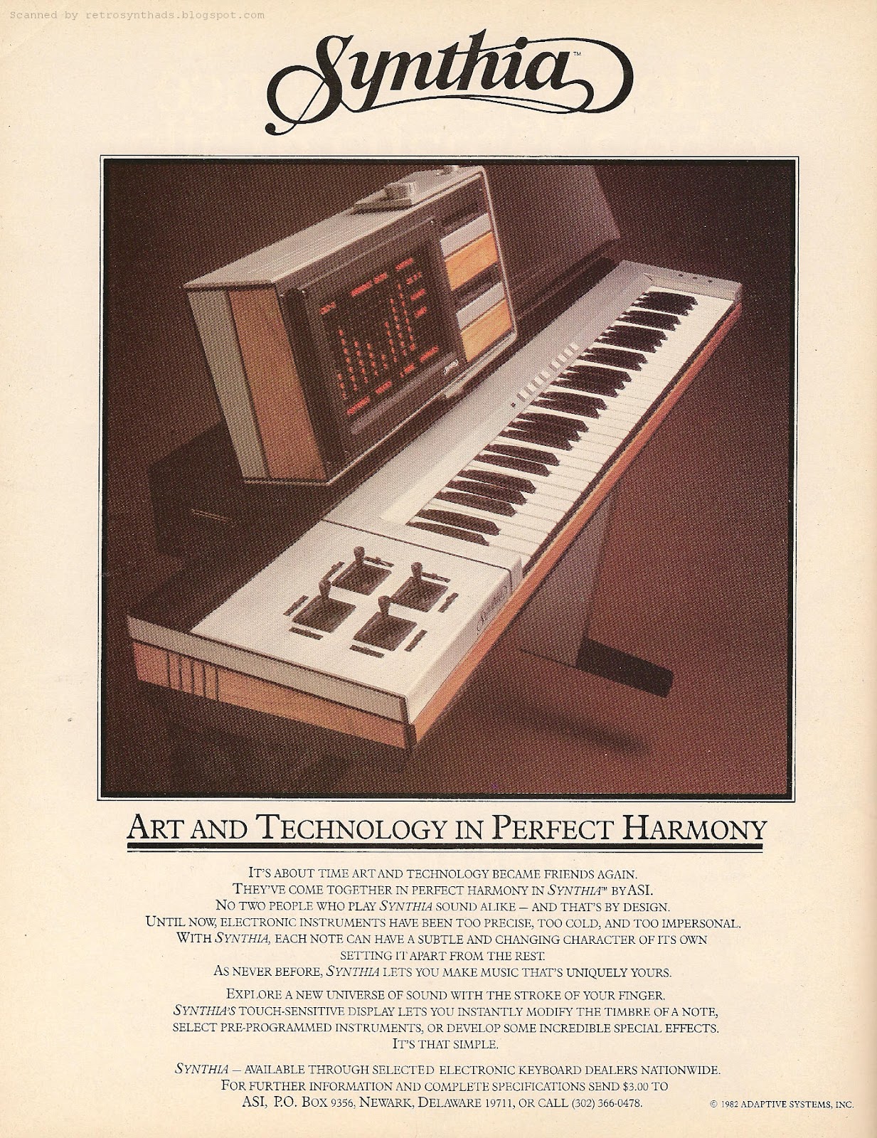Retro Synth Ads: Adaptive Systems, Inc. Synthia synthesizer "Art and