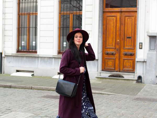 Outfit: patchwork midi dress, robe coat