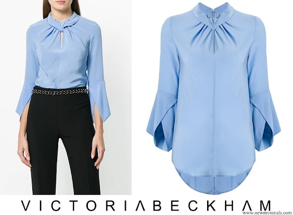 Crown Princess Mary wore VICTORIA BECKHAM flare-sleeve knot blouse