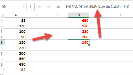 utiliser GRANDE VALEUR pour afficher les cinq grandes valeurs utiliser GRANDE VALEUR pour afficher les cinq grandes valeurs