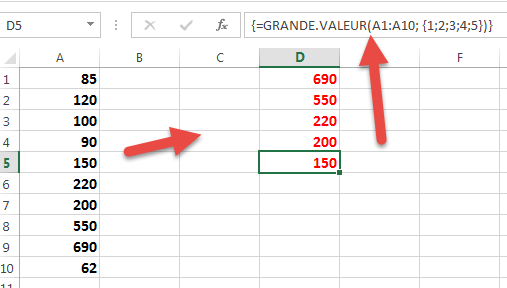 utiliser GRANDE VALEUR pour afficher les cinq grandes valeurs