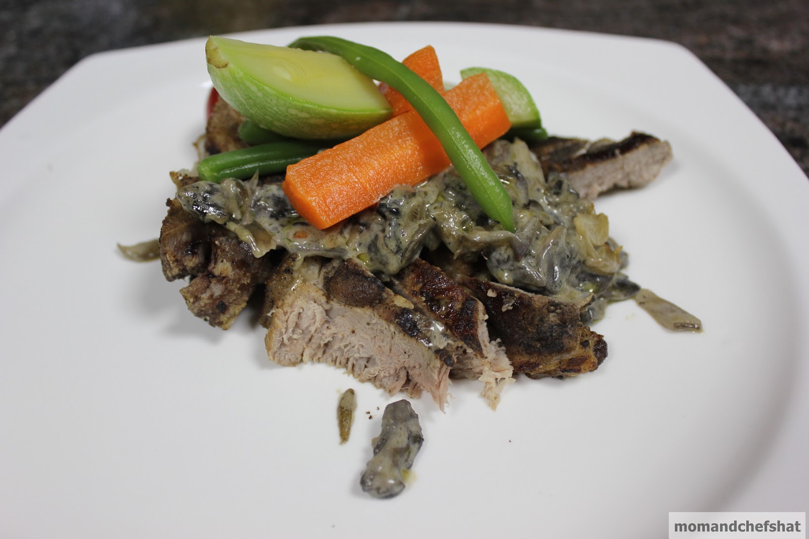 Cooking in mommy's shoes TBone steak with mushroom sauce and boiled