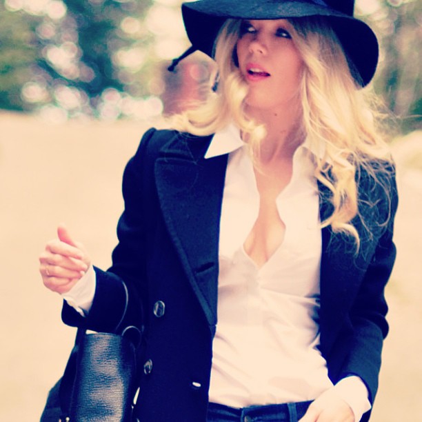 classic white blouse, low cut, hat