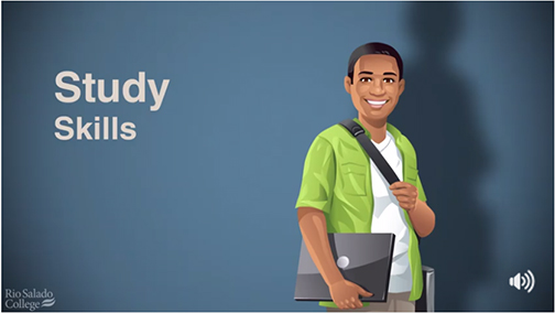 snapshot from video, illustration of a young male student holding a laptop.  text: Study Skills