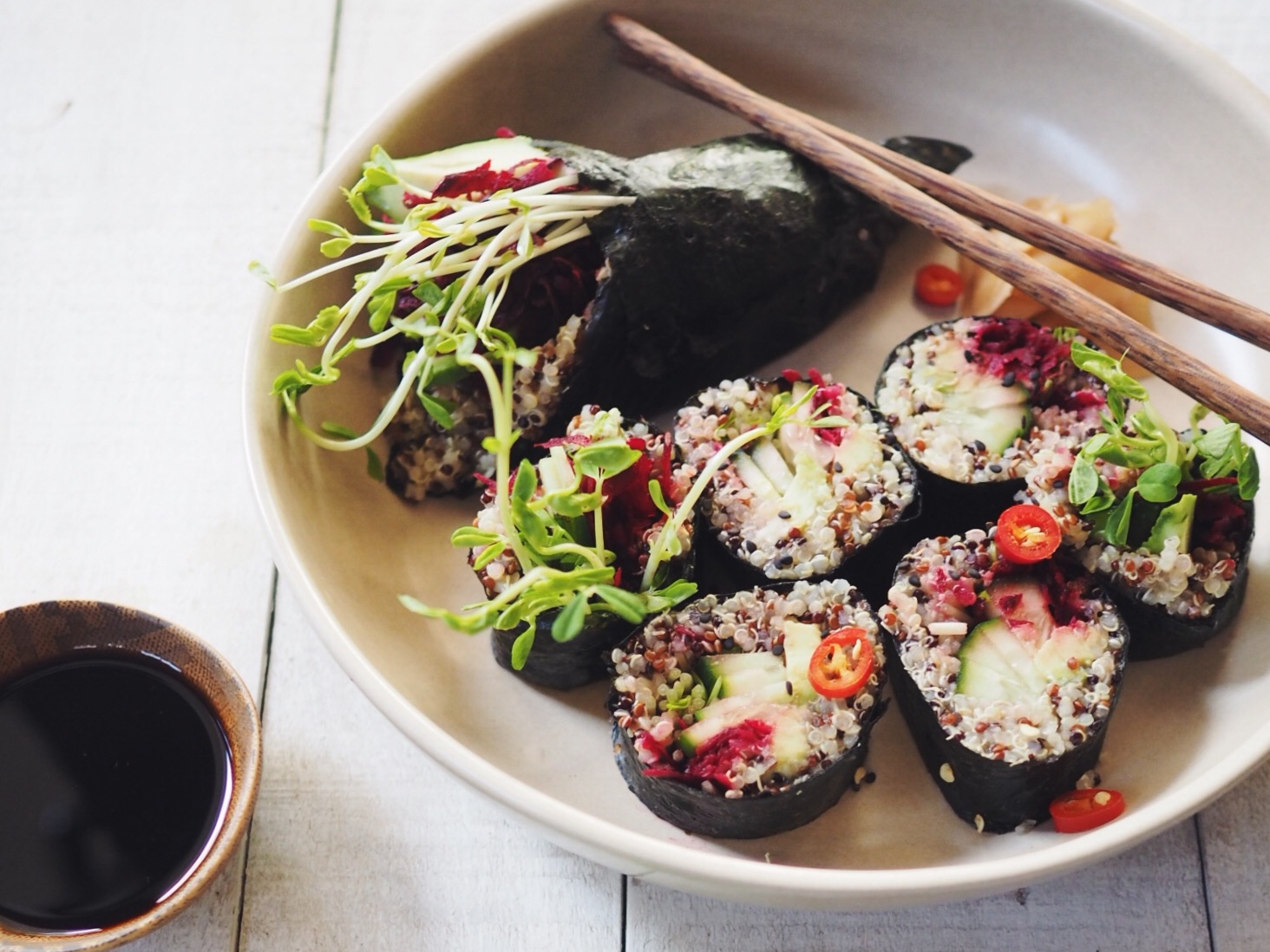 Quinoa Sushi with Raw Beetroot, Avocado and Cucumber madeleine lumley