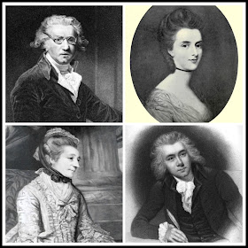 Four people who appear in A Perfect Match:  Top left: Painter, Sir Joshua Reynolds  Top right: Whig hostess, Elizabeth Lamb, Viscountess Melbourne  Bottom left: Bluestocking hostess, Elizabeth Montagu  Bottom right: Abolitionist MP, William Wilberforce (1)