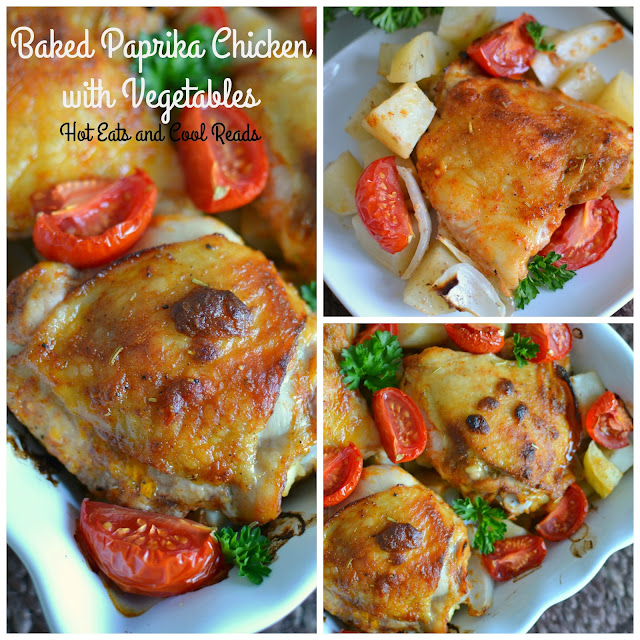 Super easy and delicious chicken with potatoes, tomatoes, onions and garlic! Enough for the whole family and bakes in one hour! One Pan Baked Paprika Chicken with Vegetables Recipe from Hot Eats and Cool Reads