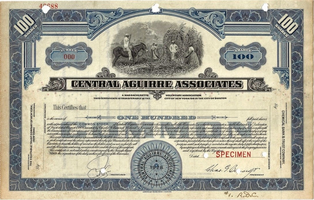 stock certificate of the Central Aguirre Associates, later renamed into Central Aguirre Sugar Company