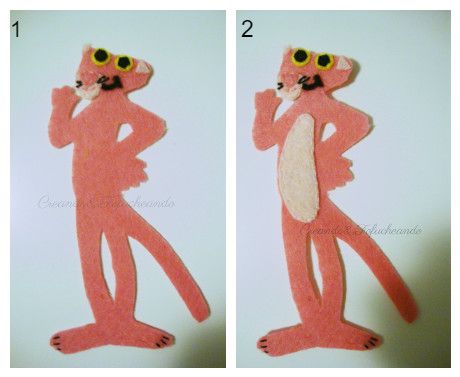 Añadimos uñas y barriga como ultimos detalles de la pantera rosa en fieltro para marcapaginas