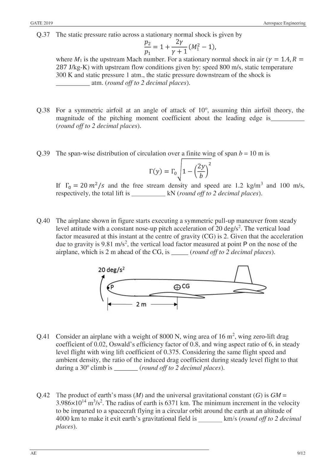 Gate Aerospace Engineering previous year paper - 2019 - ITIGovtjobs.com