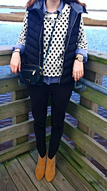 Polka Dot Sweater Layering with Chambray Button Down