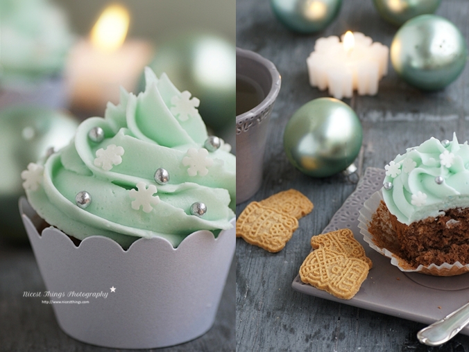 Spekulatius Cupcakes mit grünem Schneeflocken Frosting