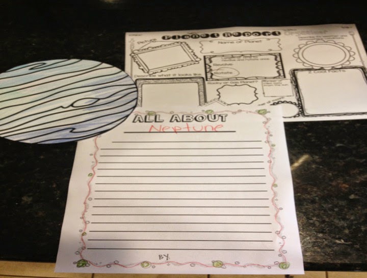Planet reports- students get a template of a planet to color and cut out. They get a research report organizer where they gather their facts and then use that organizer to write their report. 