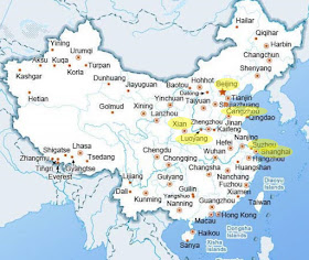 Map of China, with locations mentioned in this article highlighted in yellow