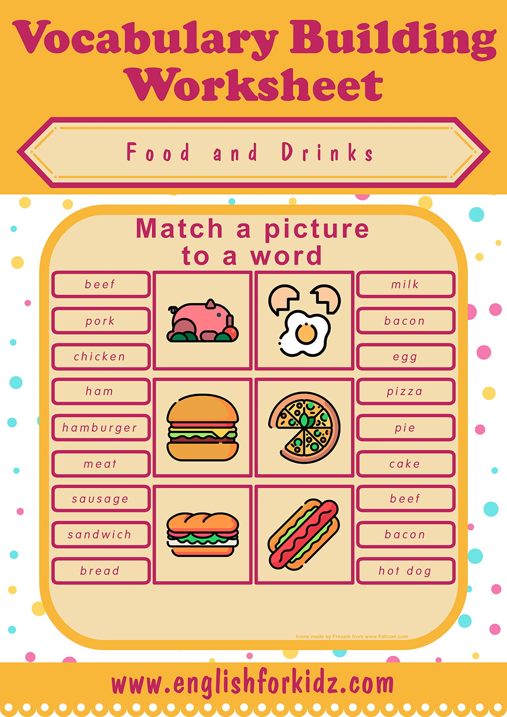 english-for-kids-step-by-step-food-drinks-worksheets-picture-to-word-matching