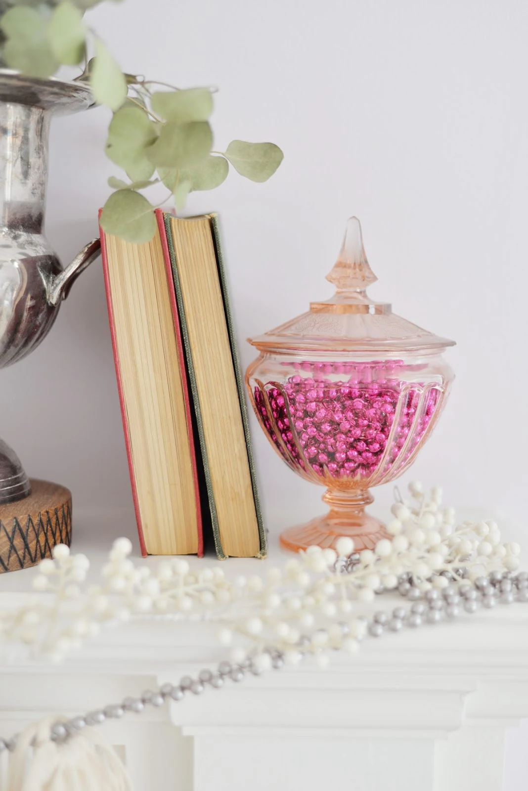 valentines day mantel, pink beads in jar | Ramblingrenovators.ca