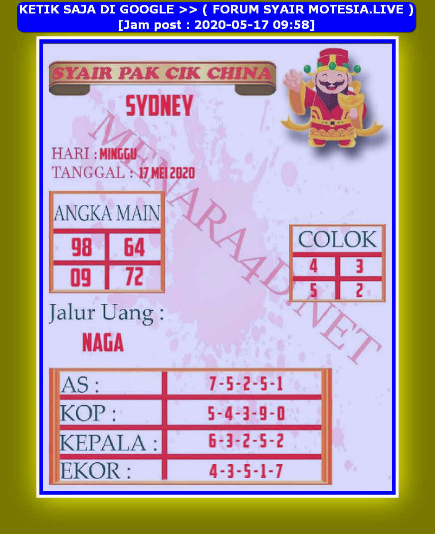 Prediksi Syair Sydney 17 Mei 2020 KODE SYAIR SGP SYAIR