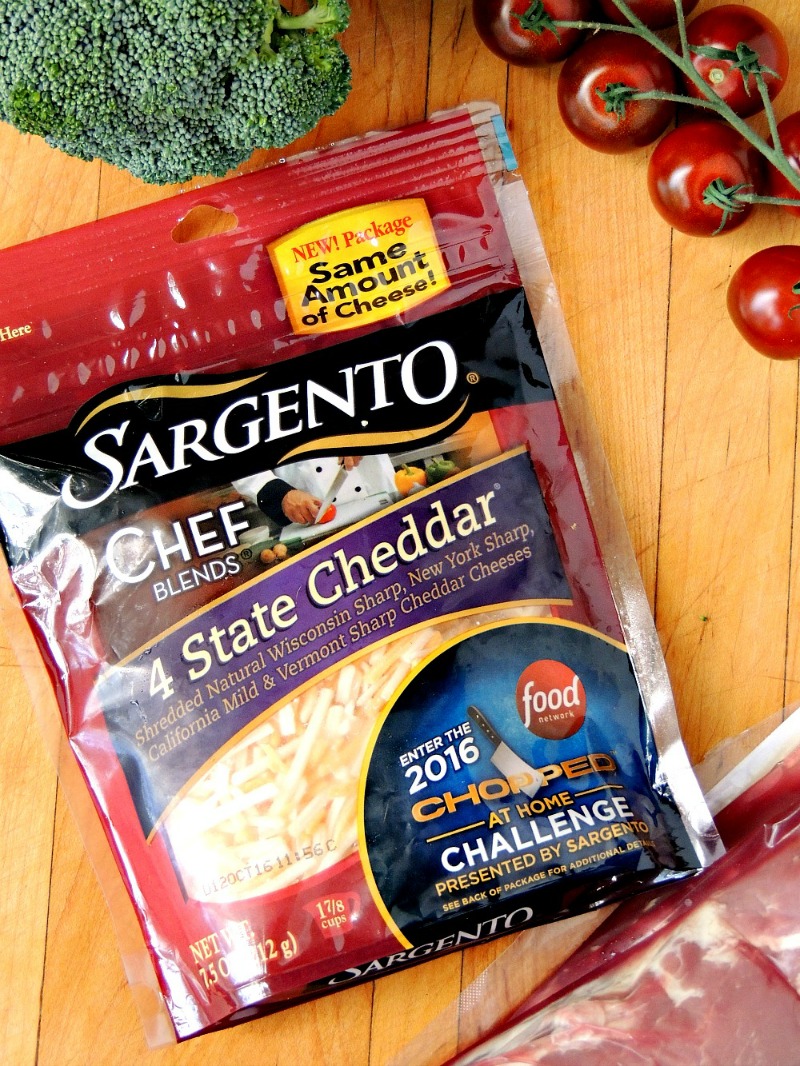Sargento Cheese Blends 4 State Cheedar on a wooden cutting board.