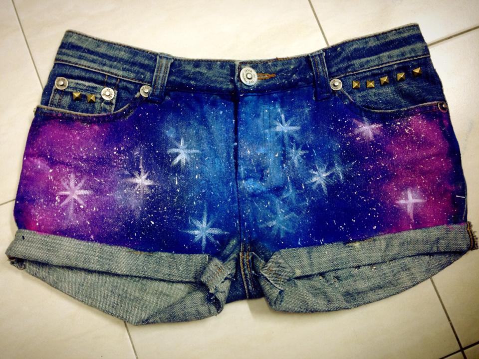 Ring-A-ℒing: DIY galaxy shorts with bronze square studs. (SOLD)