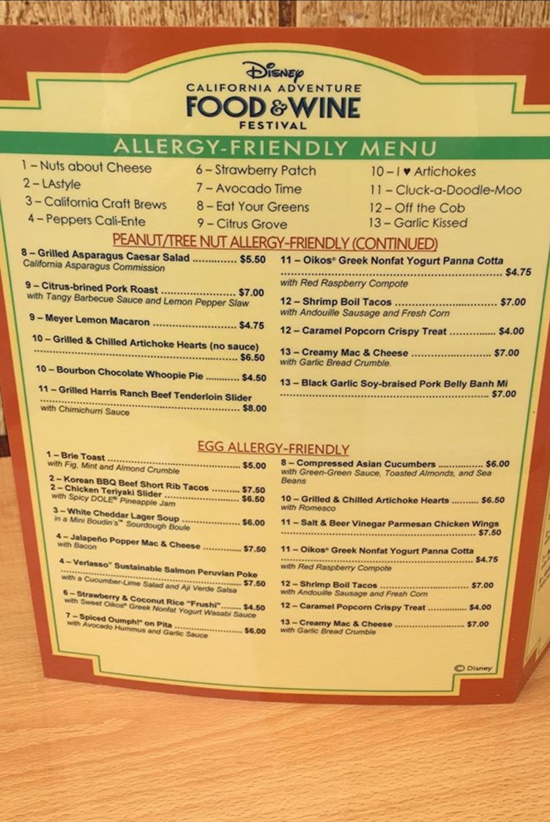2018 Disney Food & Wine Festival Allergy Menu Gluten Free and The Mouse