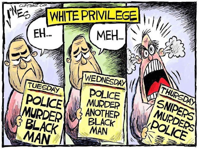 Title:  White Privilege.  Image One:  White man holding Tuesday's newspaper with headline, Police murder black man.  Man says, 