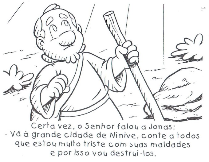 Historinha bíblica de Jonas e o grande peixe para colorir, pintar, imprimir! História de  Jonas para colorir