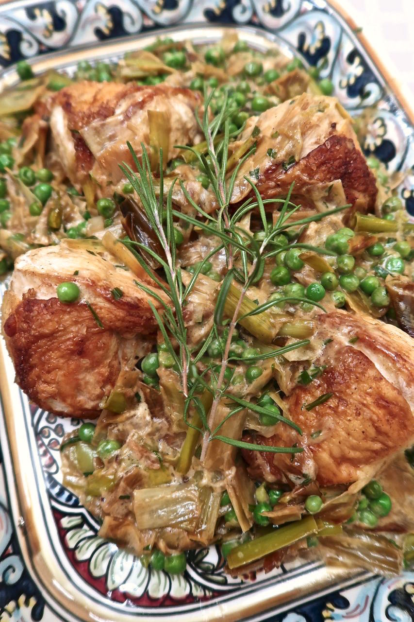 Scrumpdillyicious VinegarBraised Chicken with Leeks, Peas & Tarragon