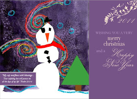 snowman Christmas card with purple background Merry Christmas and a Happy New Year