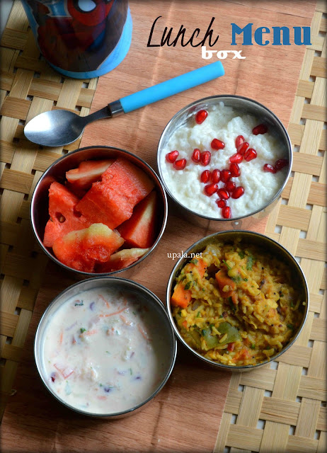 Lunch Box menu (South Indian) -Sambar Sadam, Mixed veg raita, Curd rice and Watermelon
