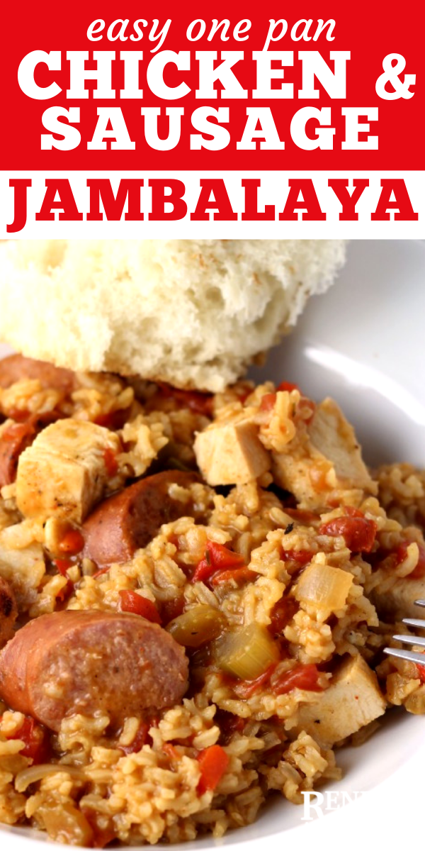 Easy One Pan Chicken and Sausage Jambalaya pin for Pinterest