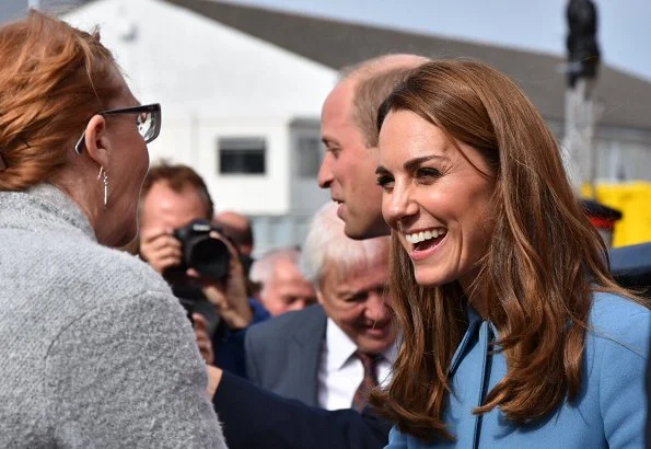 Kate Middleton wore a cornflower blue coat by Alexander McQueen. Emmy London Josie shoes Mappin and Webb empress drop earrings