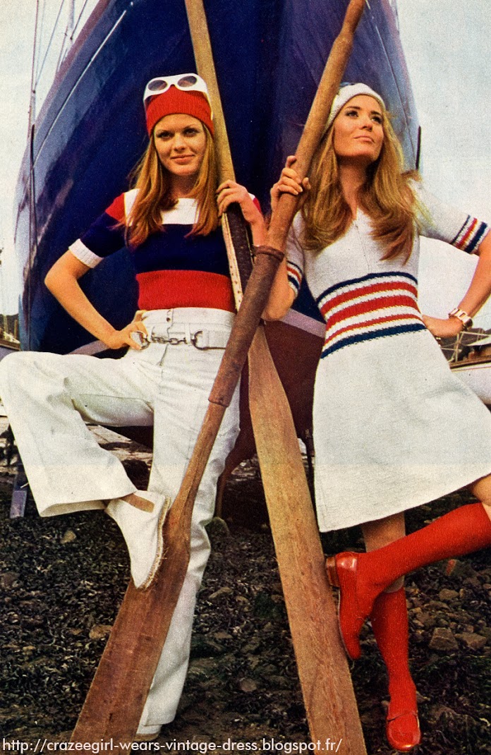 cropped sweater top and sweater dress , red white blue ribbed waistband and cuff vintage 1960 60s 1969 twiggy
