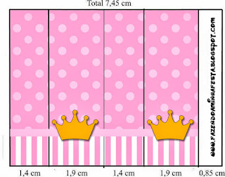 Corona Dorada en Fondo Rosa con Lunares y Rayas: Etiquetas para Candy Bar para Descargar Gratis.