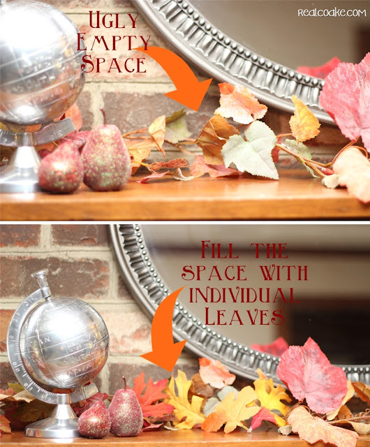 Simple fall decorating ideas for a mantel using pumpkins and inexpensive diy crafts from realcoake.com